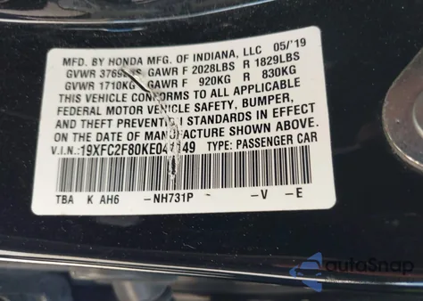 2019 Honda Civic Sport from USA, damaged, VIN 19XFC2F80KE041149